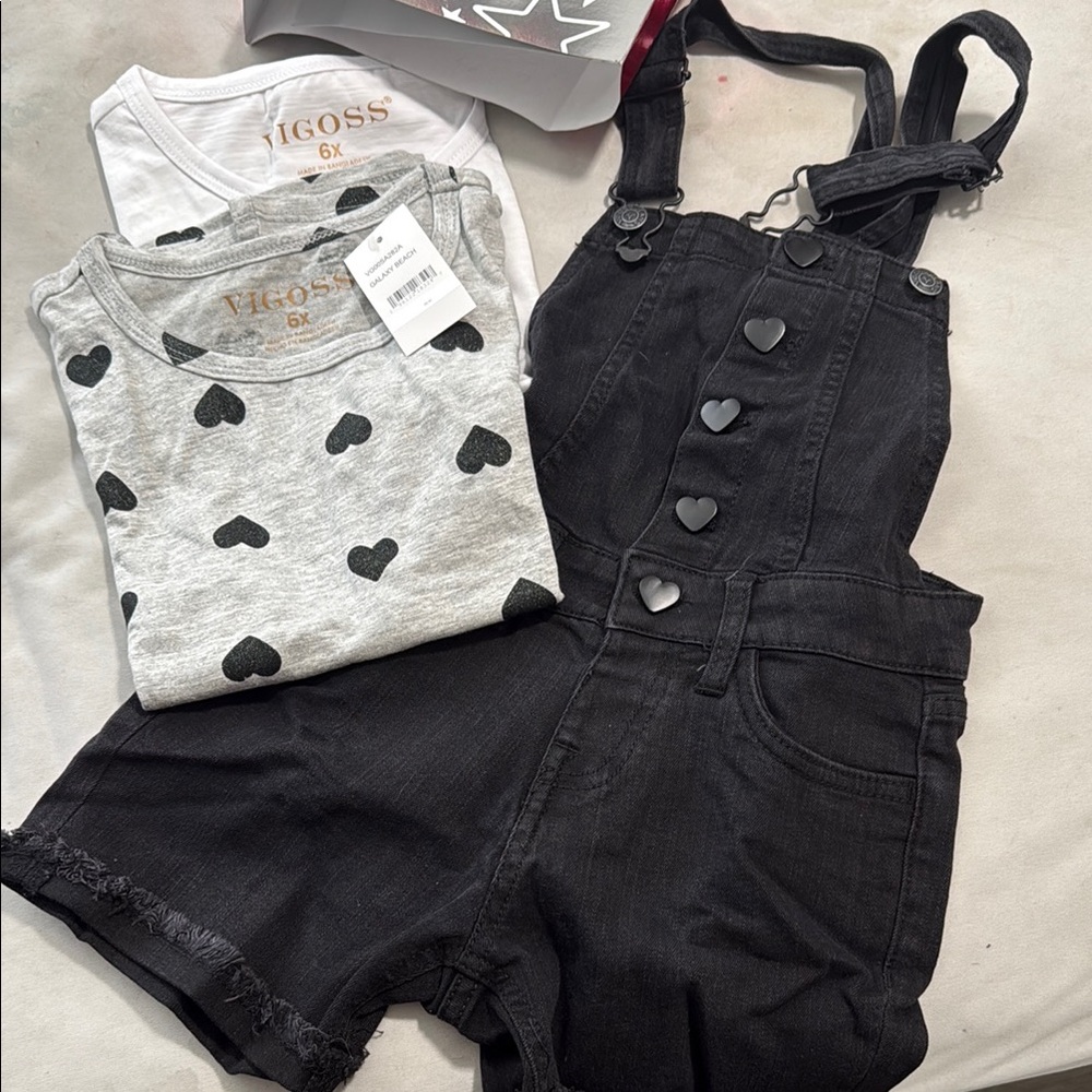 Vigoss Black Denim Overalls with Heart Accents